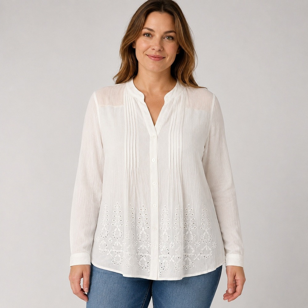 Soft Surroundings Women's L White Cotton Embroidered Tunic Blouse